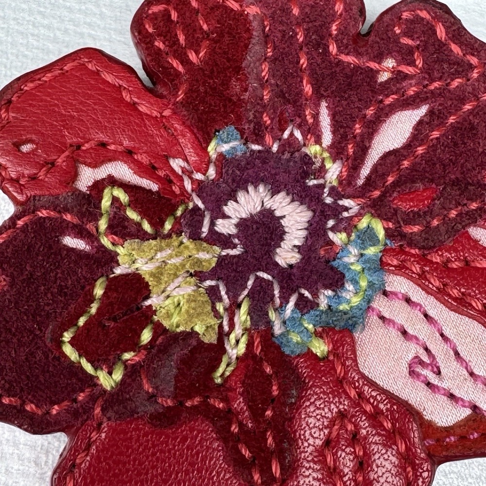Coach Red Poppy Flower Signature Bag Charm Leather Keychain Fob VTG Y2K - Picture 13 of 16